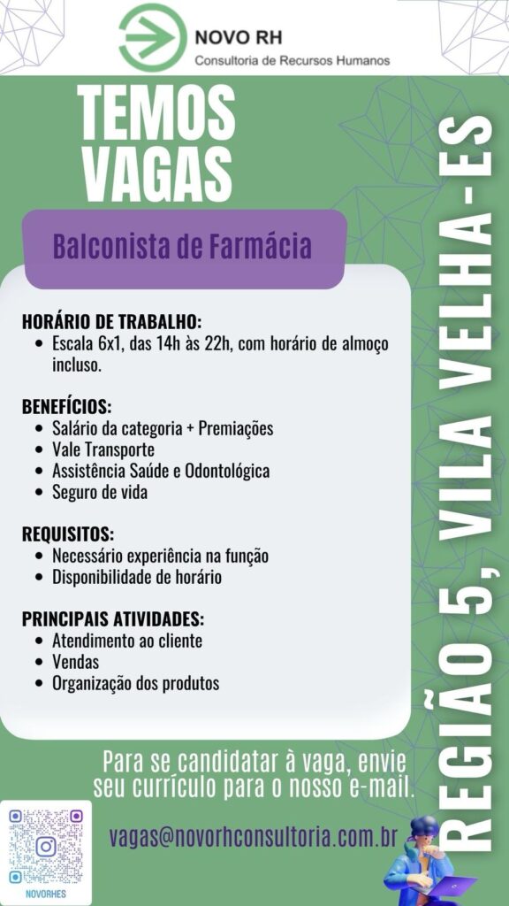 Oportunidade de trabalho em Vila Velha para Balconista de Farmácia
